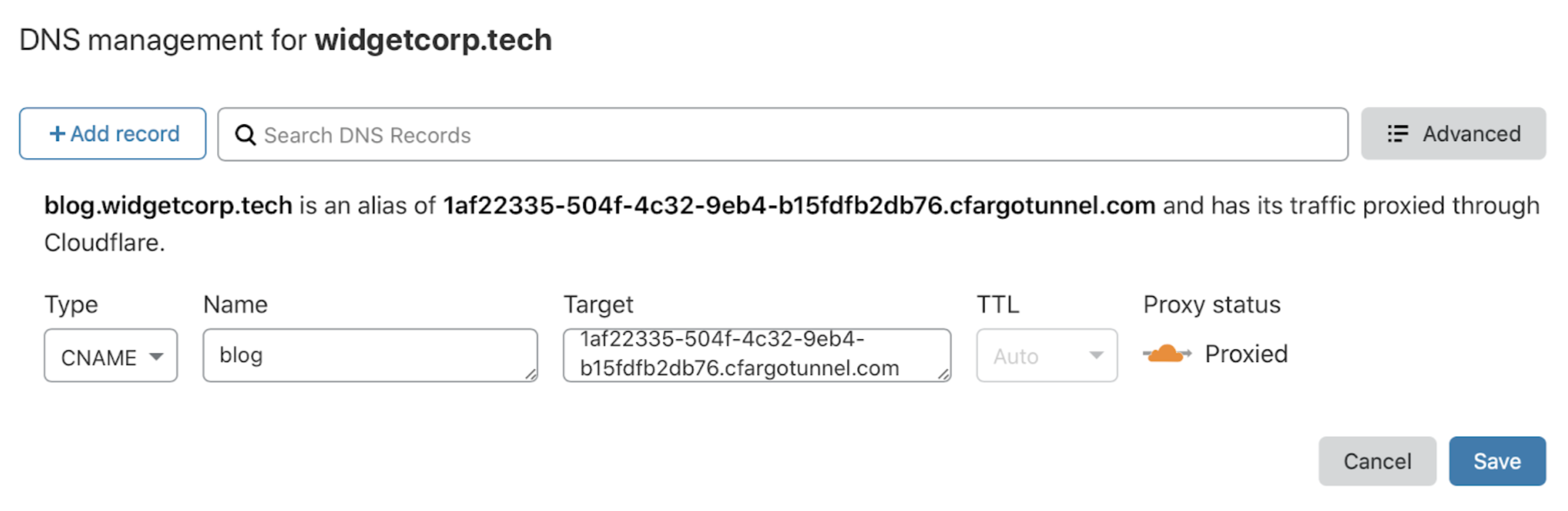 Example of fields completed to create a new CNAME record.