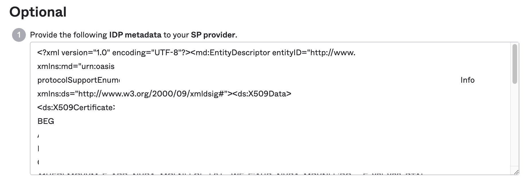 Copy and save the XML metadata to use later in the Area 1 dashboard