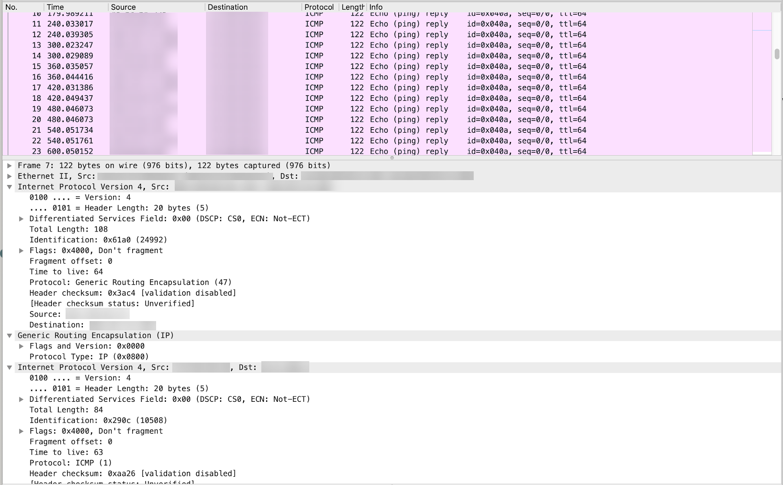 Wireshark example for tunnel health checks with ICMP reply packet